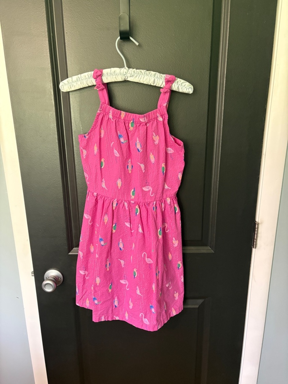 Carters size 12 pink dress with parrots and flamingos with metallic stripes